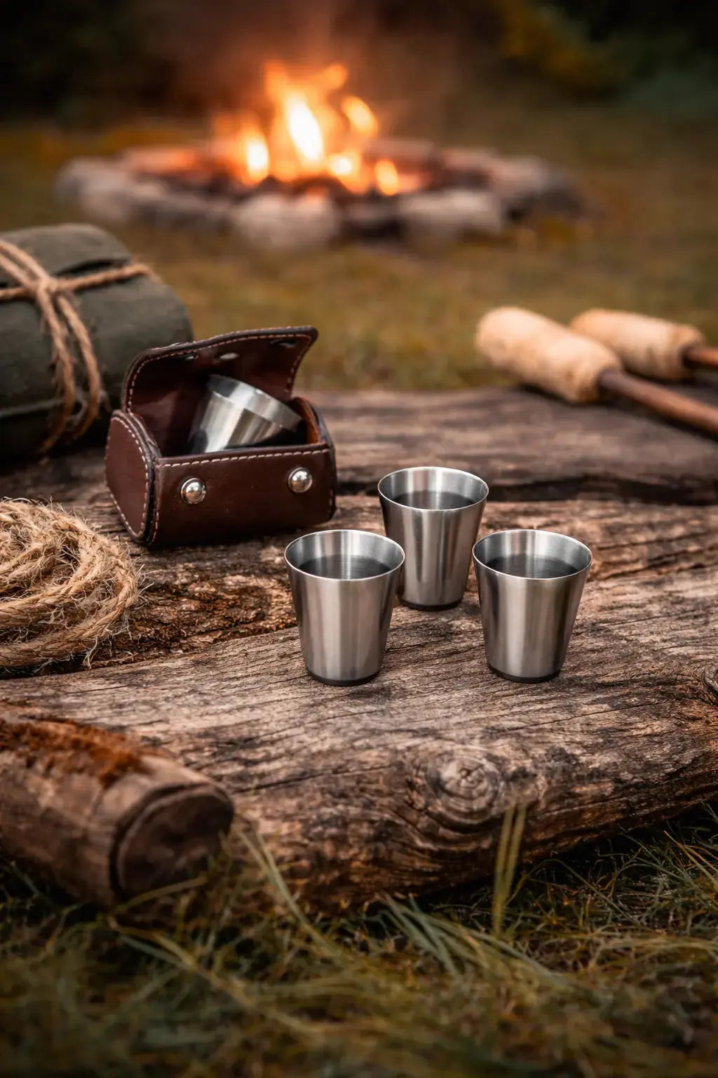 Shotgläser Set mit Lederetui – perfekt für Lagerfeuer & Outdoor-Abende