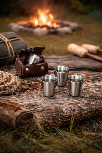 Shotgläser Set mit Lederetui – perfekt für Lagerfeuer & Outdoor-Abende