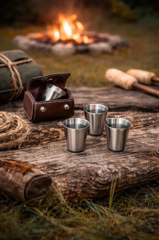 Shotgläser Set mit Lederetui – perfekt für Lagerfeuer & Outdoor-Abende
